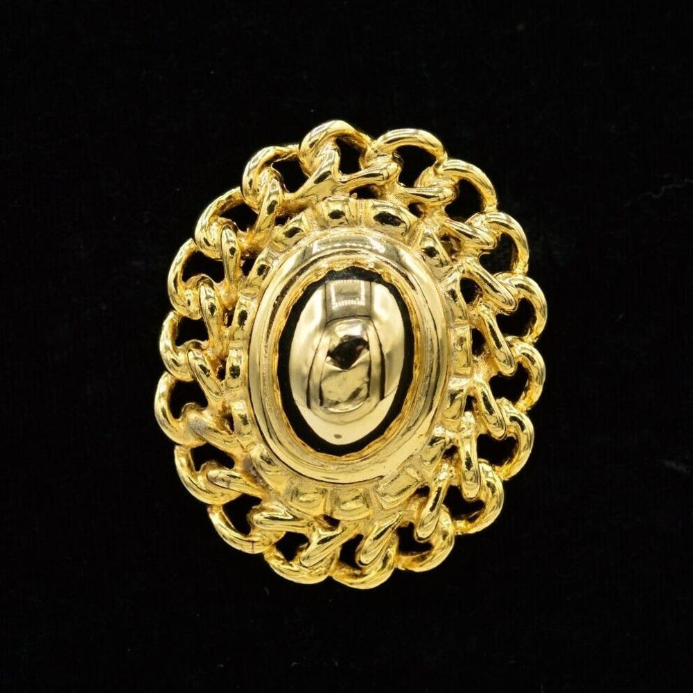 Vintage Oval Pin Brooch Yellow Gold Tone Linked Chain Statement NOS 1980s BinV